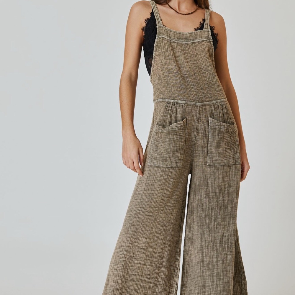 MARONIE GAUZE OVERALLS- Stylish Tan Jumpsuit with Pockets (taupe)